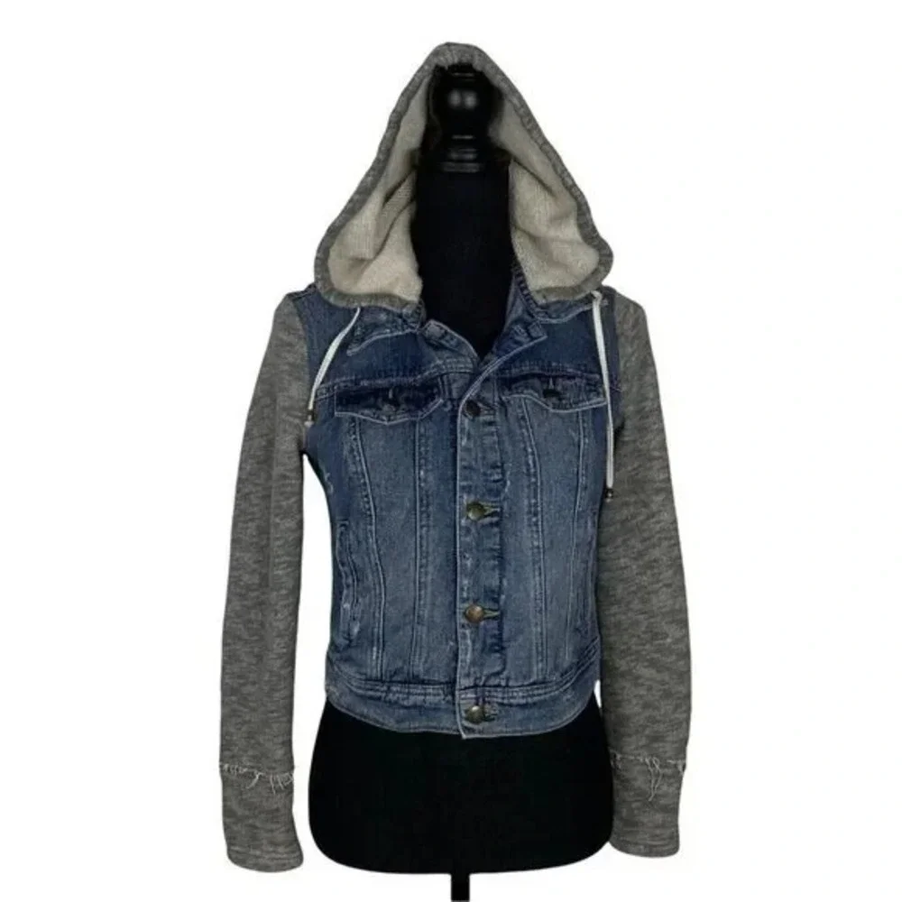 FREE PEOPLE Knit Hooded Denim Distressed Jacket Sz XS Blue Casual Stylish 49-15 - Picture 1 of 10